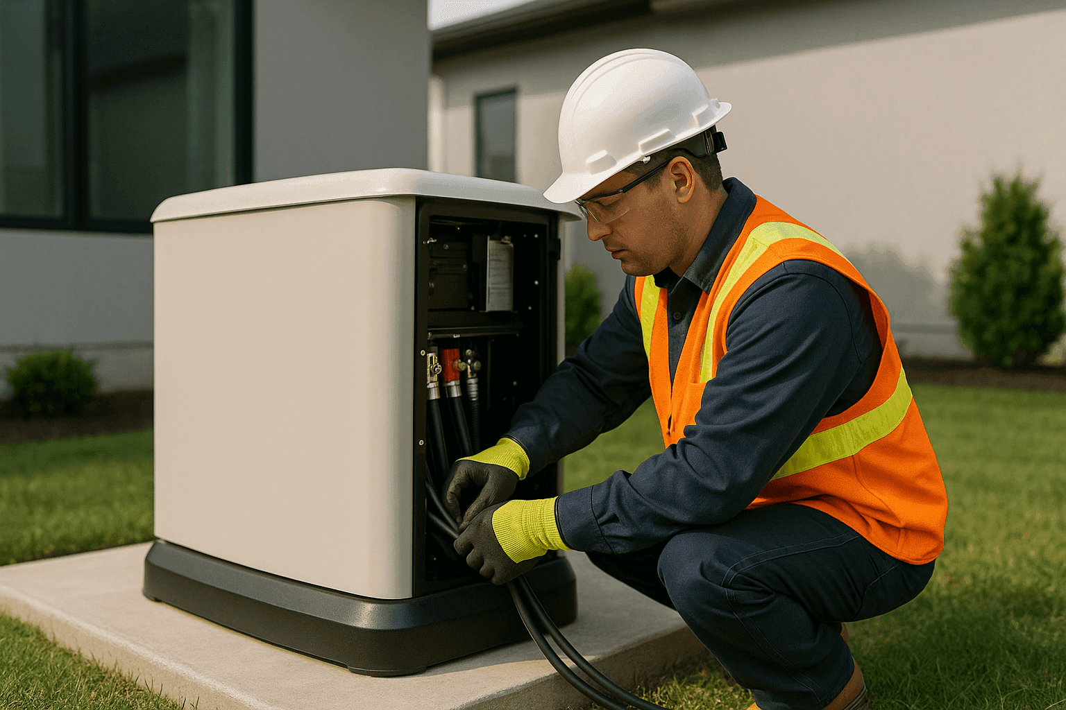 Electrician installing backup generator outside residential property