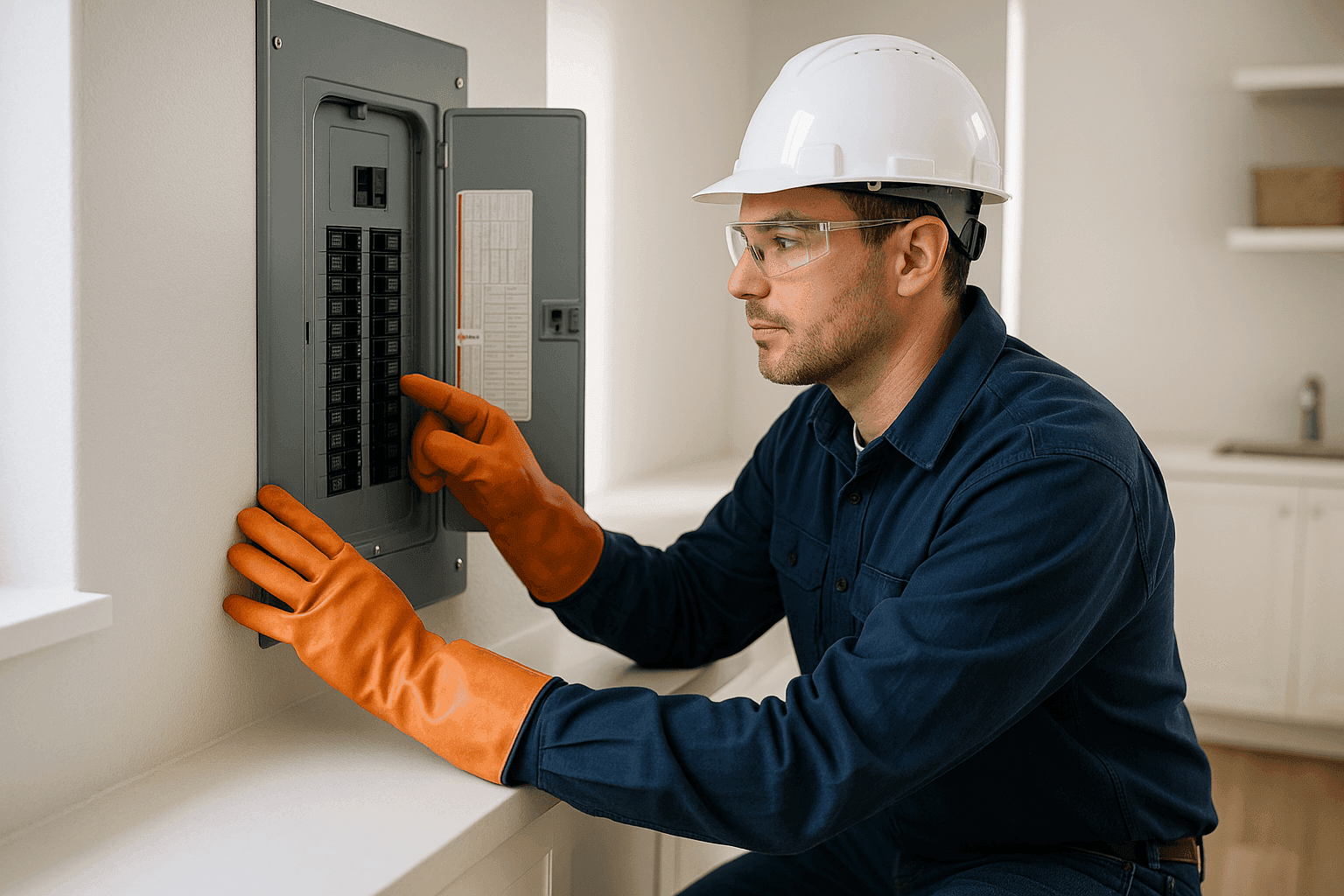Electrician inspecting modern electrical breaker panel during upgrade