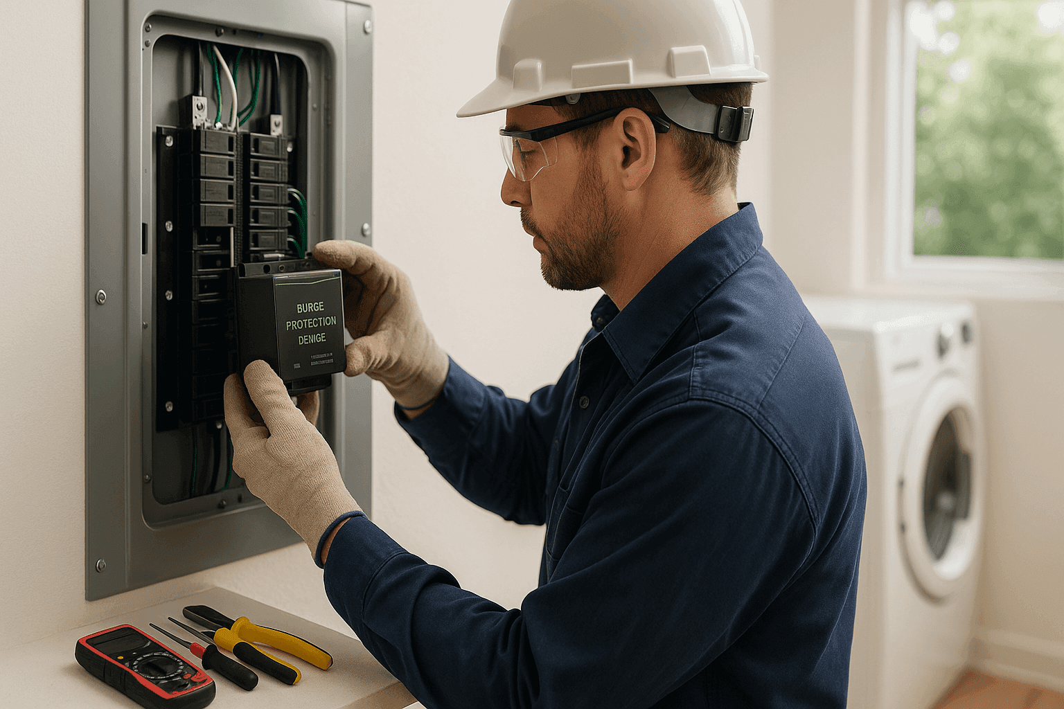 Electrician installing surge protection device in electrical panel