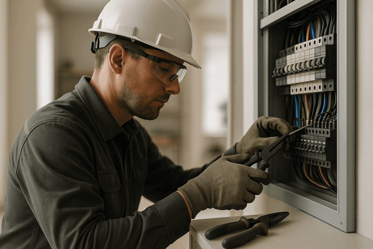 Electrician wearing PPE working on wiring inside an electrical panel at a clean site