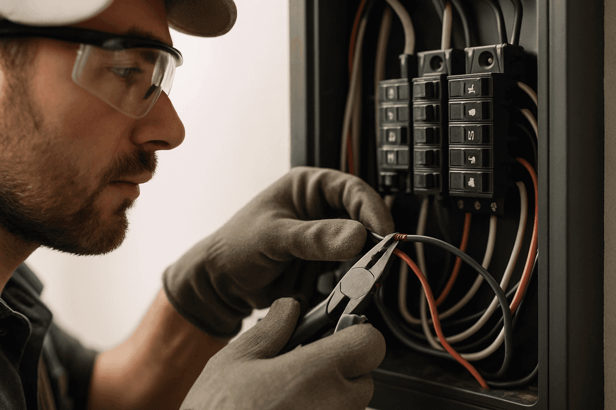 Close-up of electrician’s gloved hands connecting wires inside an electrical panel