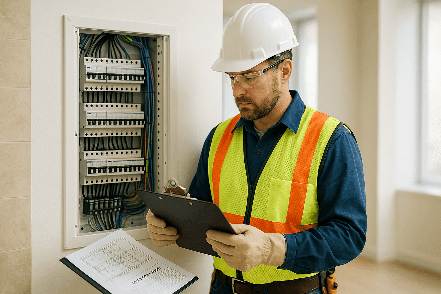 Electricista estimando el costo de un proyecto de recableado en un panel eléctrico